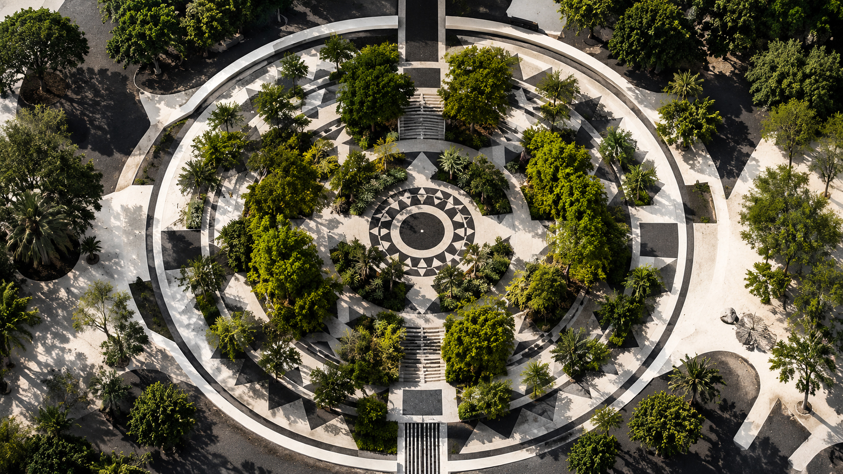 Aerial view of green city with trees and roads