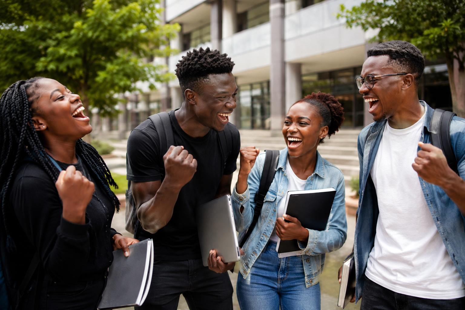 University students laughing and celebrating on campus