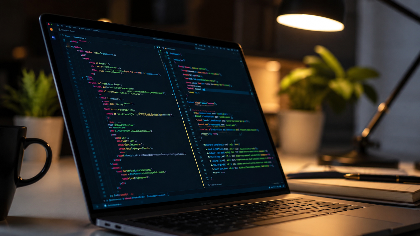 Developer looking at lines of code on multiple screens