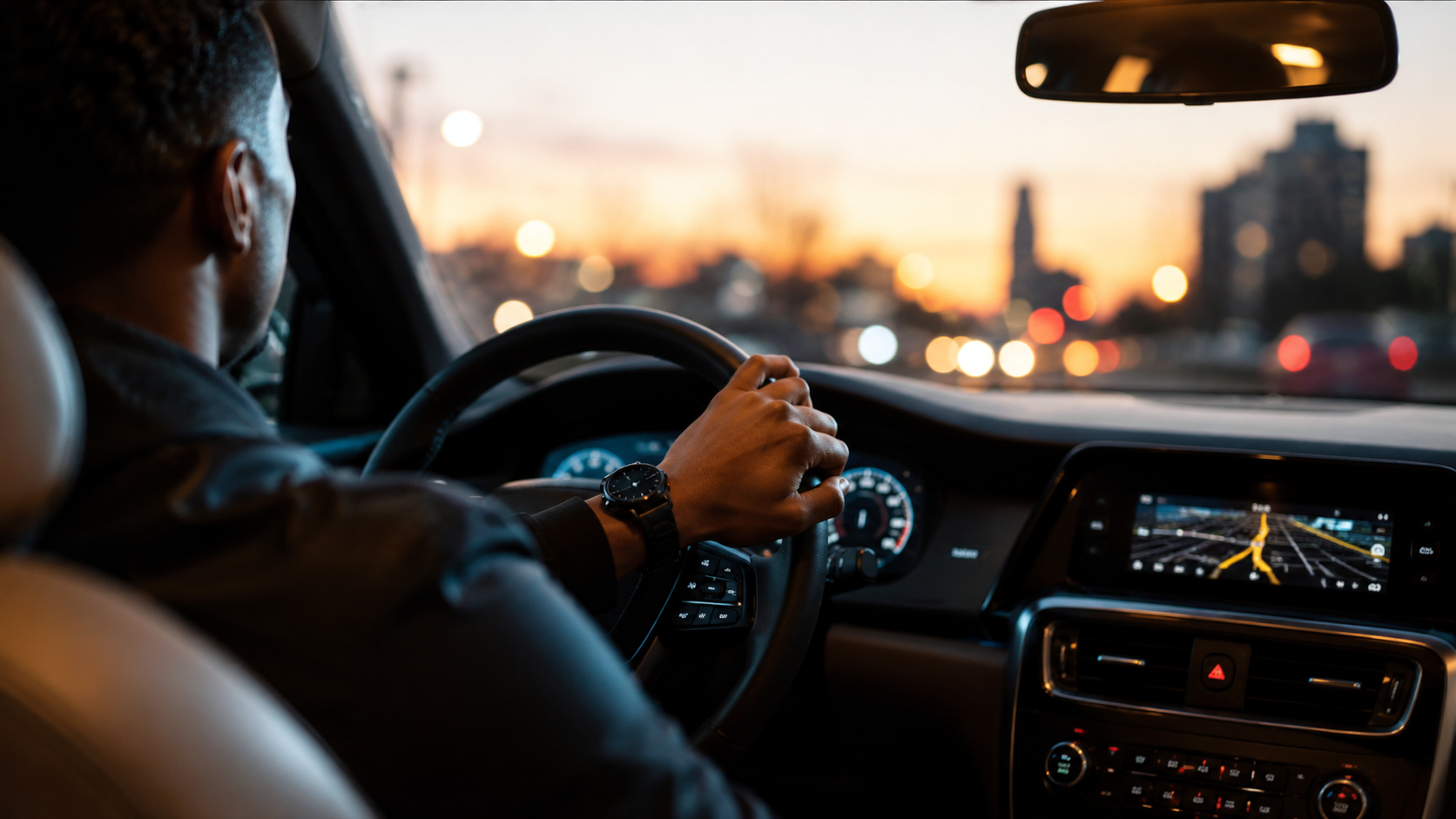 Driver on the road at night with city lights