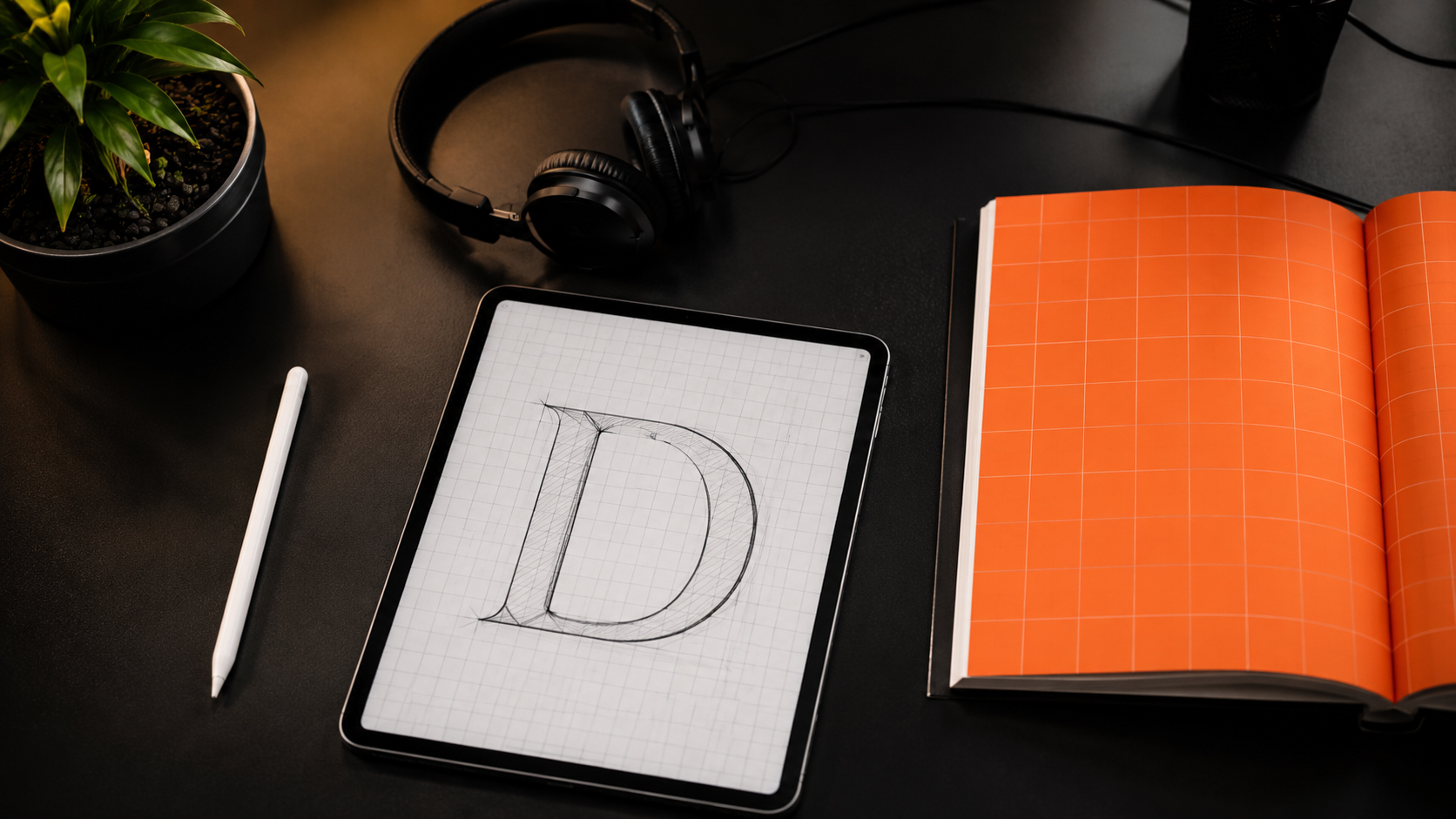 Creative design workspace with golden tones