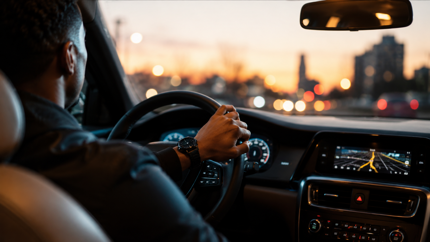 Car driving through a city at night