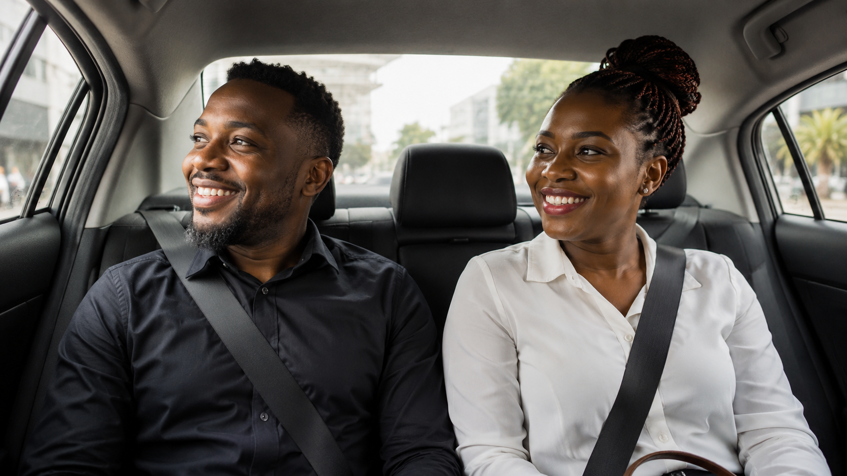 Two passengers smiling safely in a taxi