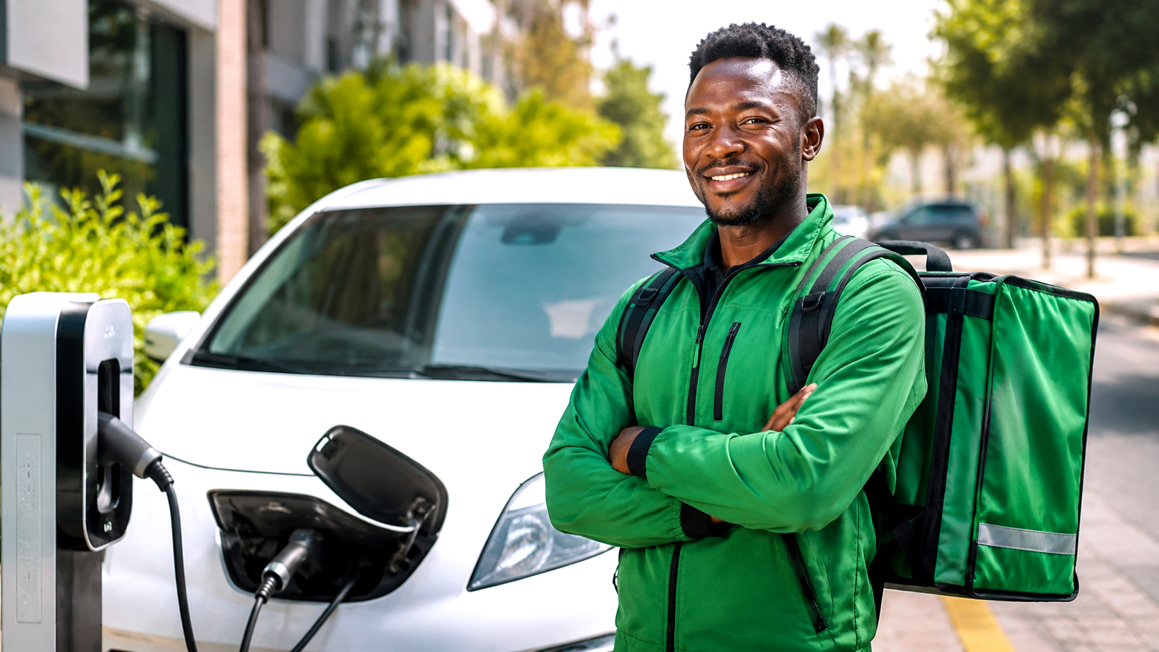 Driver smiling next to electric vehicle